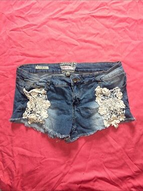 Hot Kiss Blue Denim Cutoff Shorts with White Crochet Accents